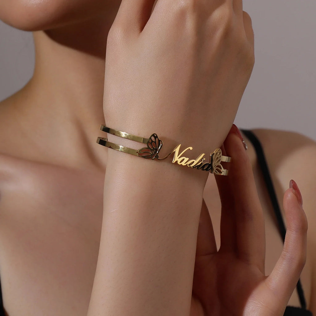 Acheerup Personalized Name Open Size Bangle for Women Men Stainless Steel Custom Butterfly Heart Bracelet Couple Jewelry Gift