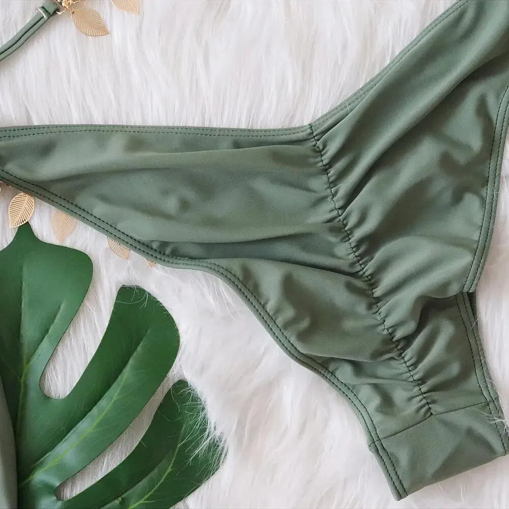 Bikini 2025 Sexy Rhinestone Leaf Pendant Metal Chain Solid Swimwear Swimsuit Women Bikinis Set Bathing Suit Beach Bikini Female