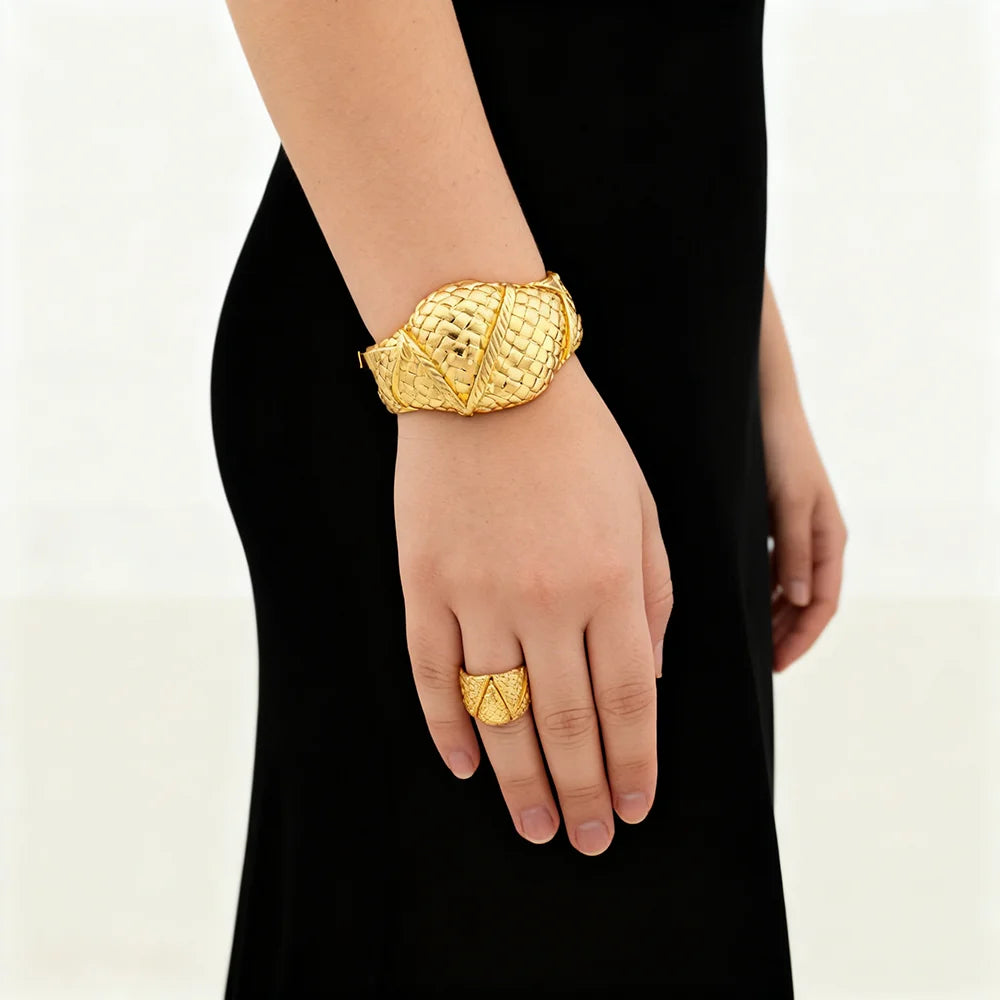 Dubai Bracelet Ring Set for Women, Luxury Gold Color Cuff Bangles, Female Luxury Jewelry Sets, Jewellery Accessory