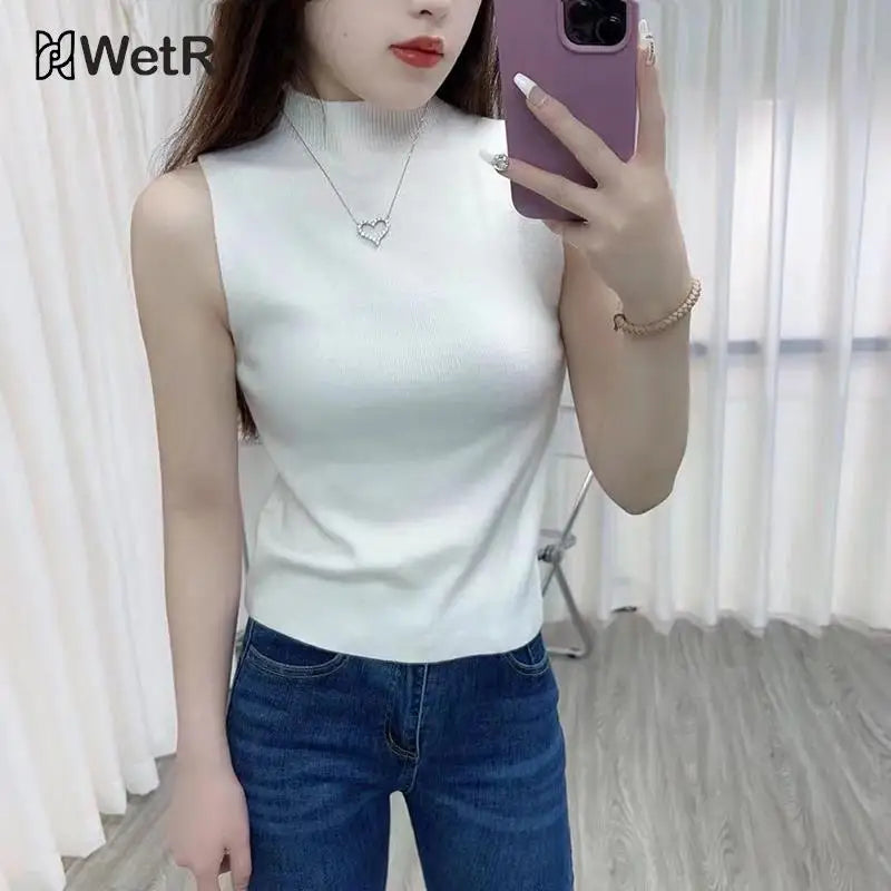 Fashion Half Turtleneck Knitted Tank Top Summer Women Casual Solid Color Sleeveless Vest spring and autumn