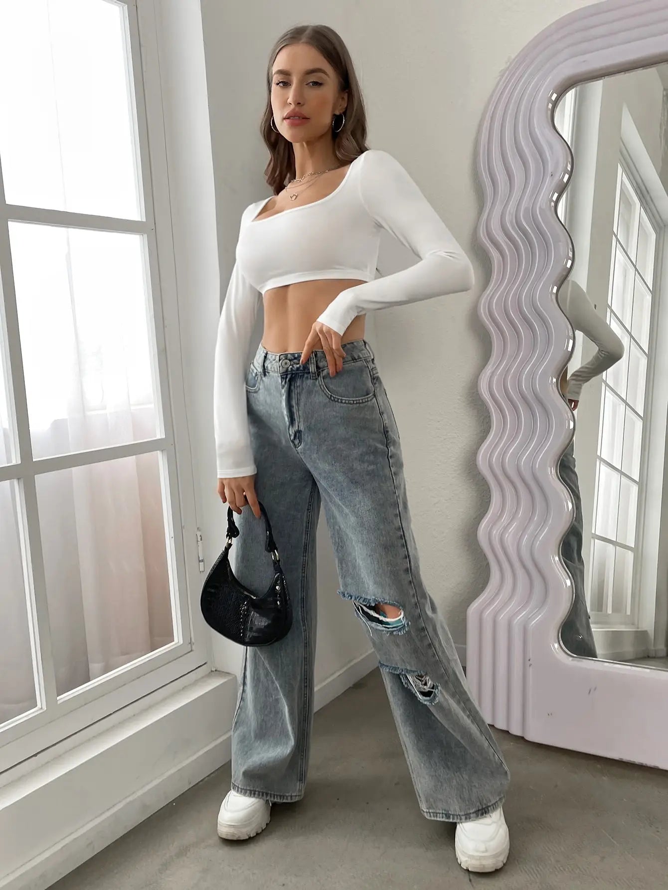 Sexy women's fashion Square Neck Cropped T-shirt, New Casual Long Sleeve Solid T-shirt, Women's Clothing Tops