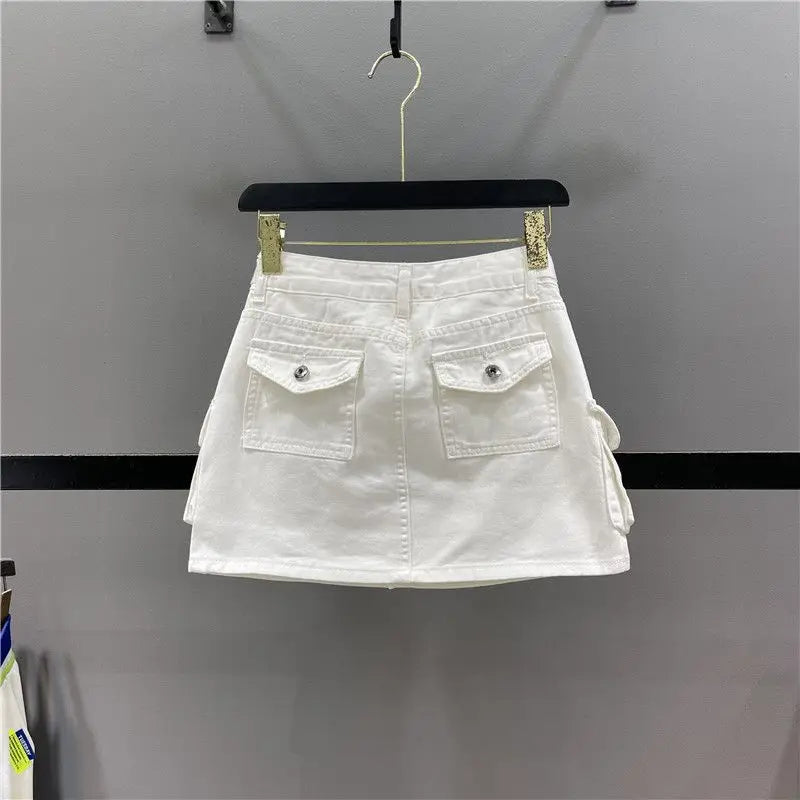 Women's Low Waist Button Bodycon Mini Cargo Denim Skirt with Pocket Summer New Anti-light A-line Hip Skirt