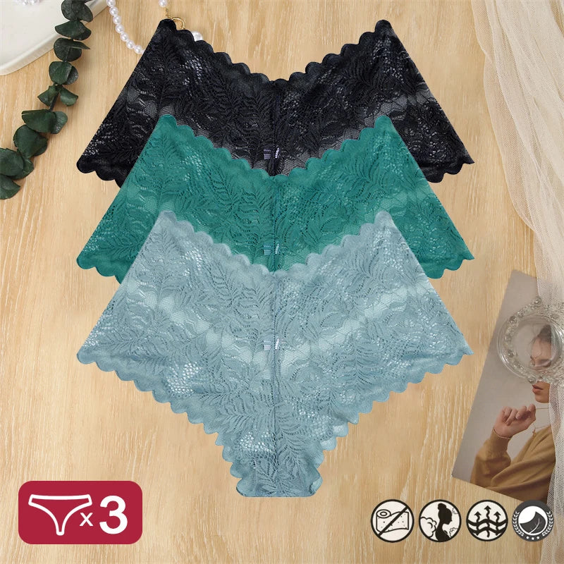 3PCS Women Sexy Lace Panties Floral Perspective Uderwear Solid Color Intimates Boyshort Female V-Waist Breathablle Soft Lingerie