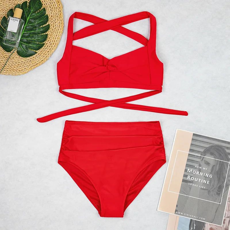 Sexy Two-Piece High Waist Bikini Sets Halter Solid Retro Ruched Printed Swimsuit Brazilian Swimwear Women 2025 Bathing Suits