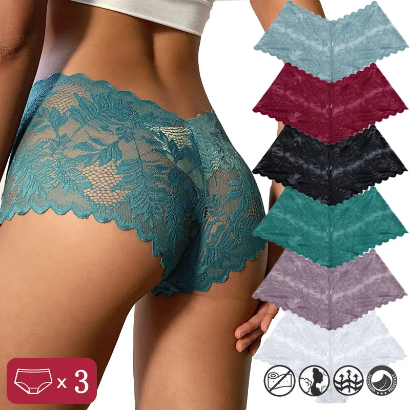 3PCS Women Sexy Lace Panties Floral Perspective Underwear Solid Color Intimates Boyshort Female V-Waist Breathable Soft Lingerie