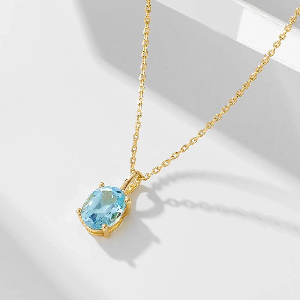 925 Sterling Silver Necklace Topaz Blue Crystal Heal Stone Oval Cut Pendant Necklaces