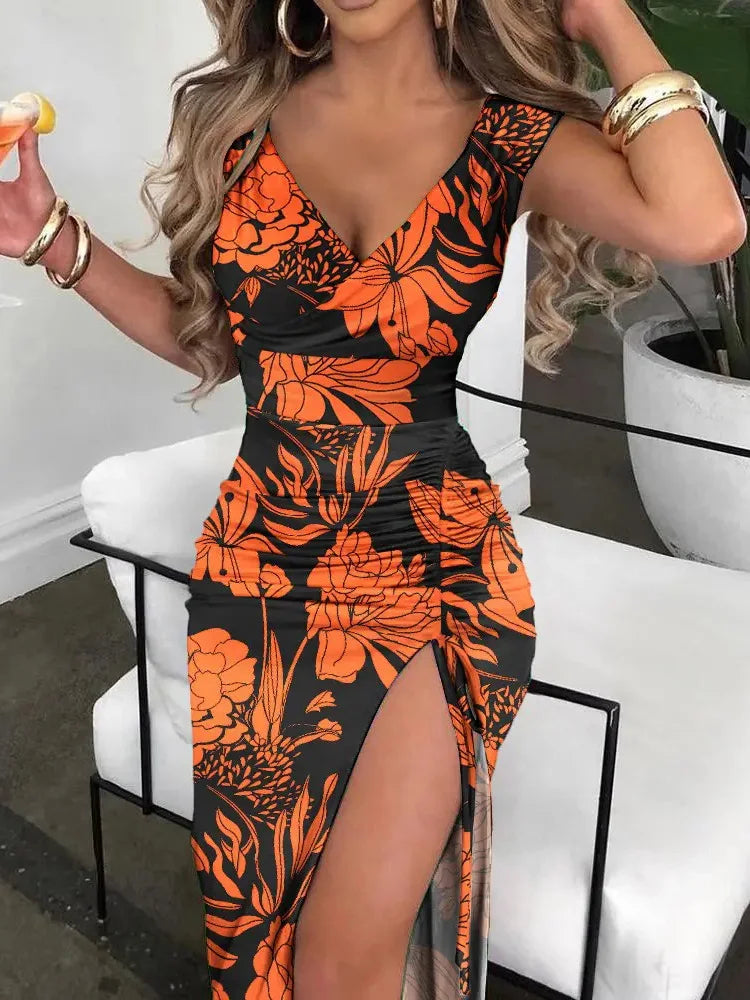 Women Elegant Spring High Split Party Dress 2025 Office Lady V Neck Slim Mid Dress Sleeveless Summer Casual Dress Vestidos