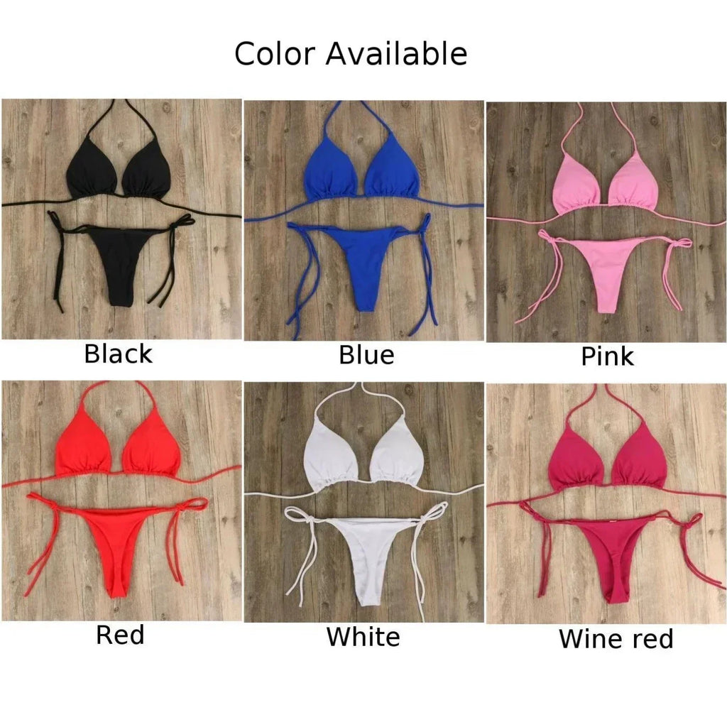 Women's Thong Bikini Set Side Tie Sexy Swimsuit Bandage Style Brazilian Swimwear Bikini 2022 Woman Solid Color Beach Swimwear