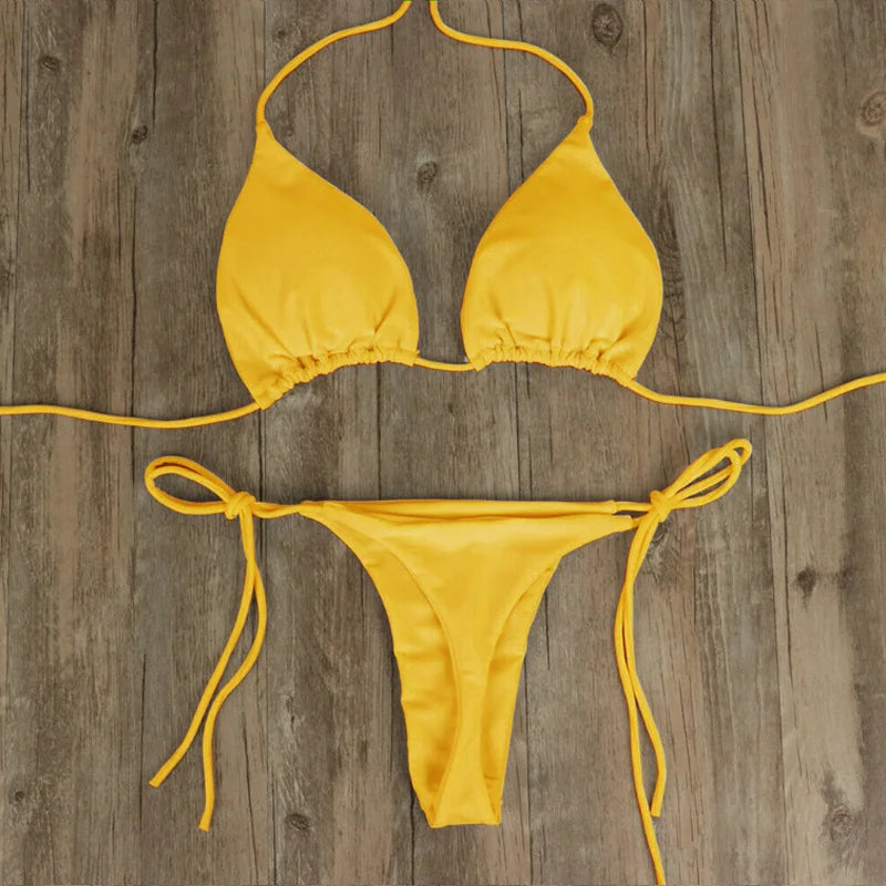 Women Thong Bikini Set Side Tie Sexy Swimsuit Bandage Style Brazilian Swimwear Bikini 2022 Woman Solid Color Beach Swimwear