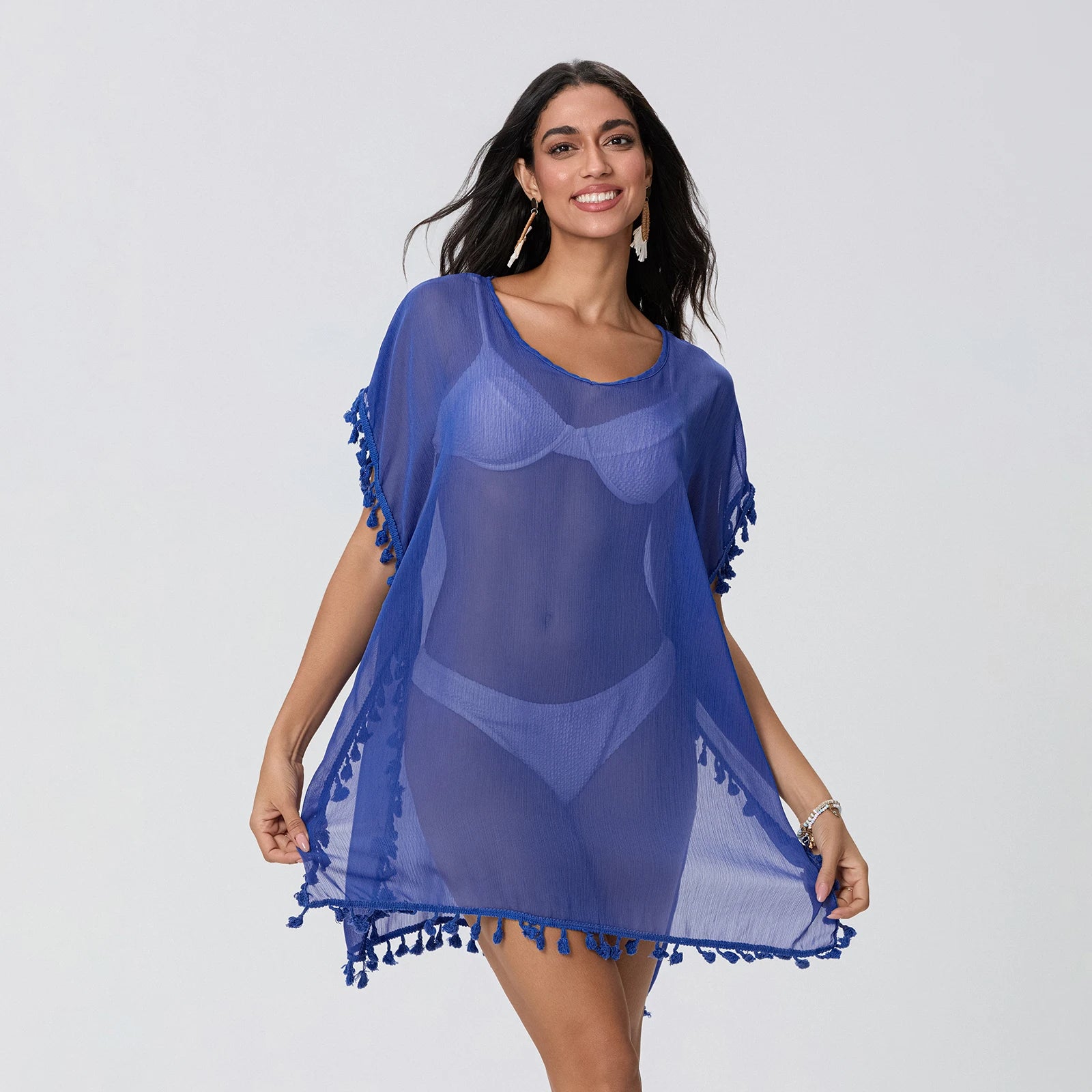 Tassel Trim Bikini Cover Up Beach Dress Women See-Through Beachwear Swimsuit Summer Mini Dress Cover-ups Sunscreen Dress