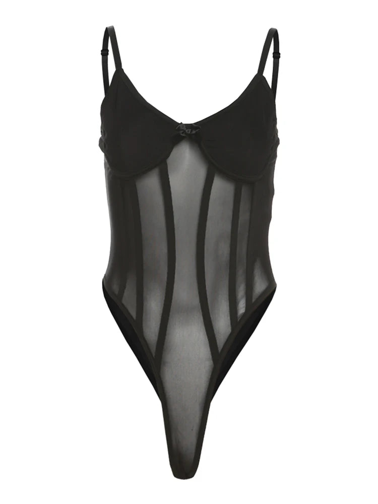 Sisterlinda Sexy See Through Bodysuit Women Bow Sleeveless Low Neck Backless Midnight Street Clubwear Stretch Skinny Trend Vest