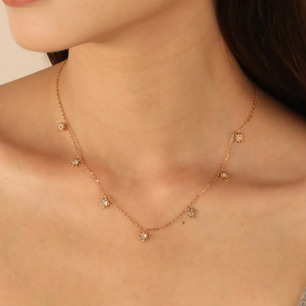 LUXUKISSKIDS Trendy Korean 5 Stars Charms Clavicle Choker Steel Fairy Woman Eight-Pointed Star with Shiny Zirconia Necklace