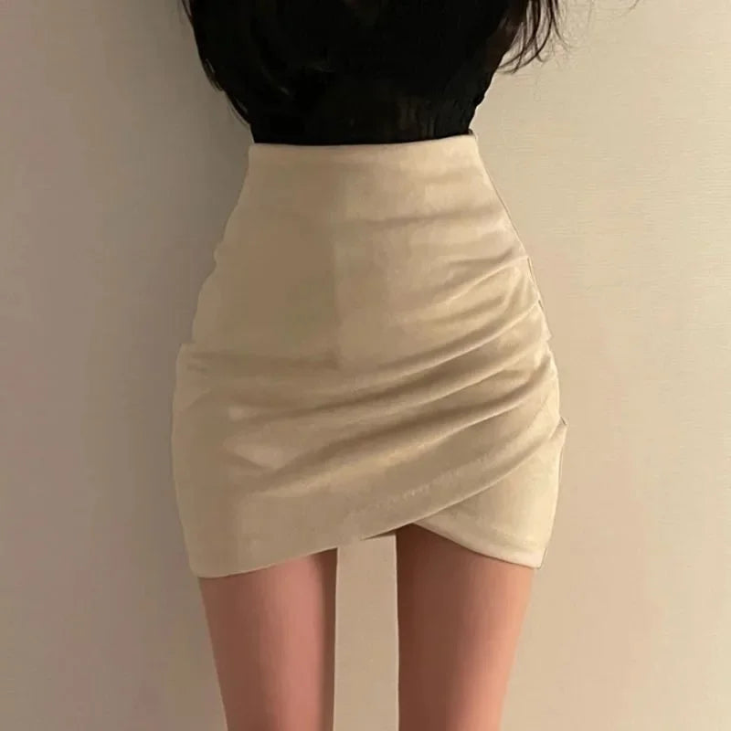 Women's Suede Mini Skirt High Waist Tight Fit Elastic Asymmetrical Short Skirts Autumn Winter New Style Bodycon Skirts