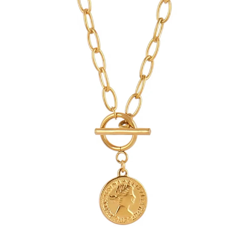Coin Necklace For Women Stainless Steel Toggle Clasp Choker Gold/Silver Color Metal Elizabeth Coin Round Collier Femme Jewelry