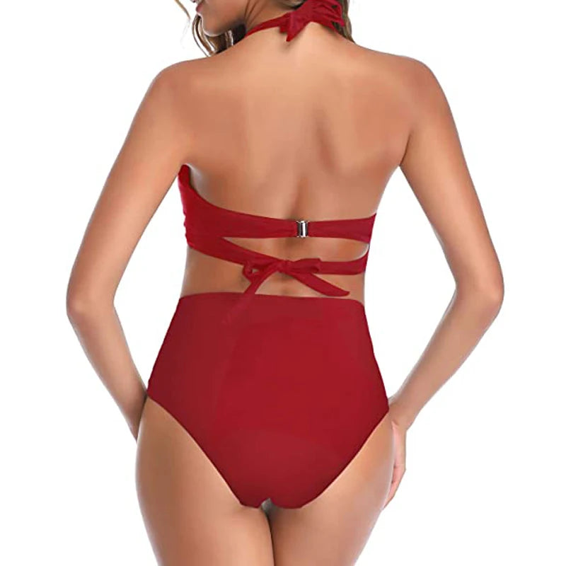 Sexy Two-Piece High Waist Bikini Sets Halter Solid Retro Ruched Printed Swimsuit Brazilian Swimwear Women 2025 Bathing Suits