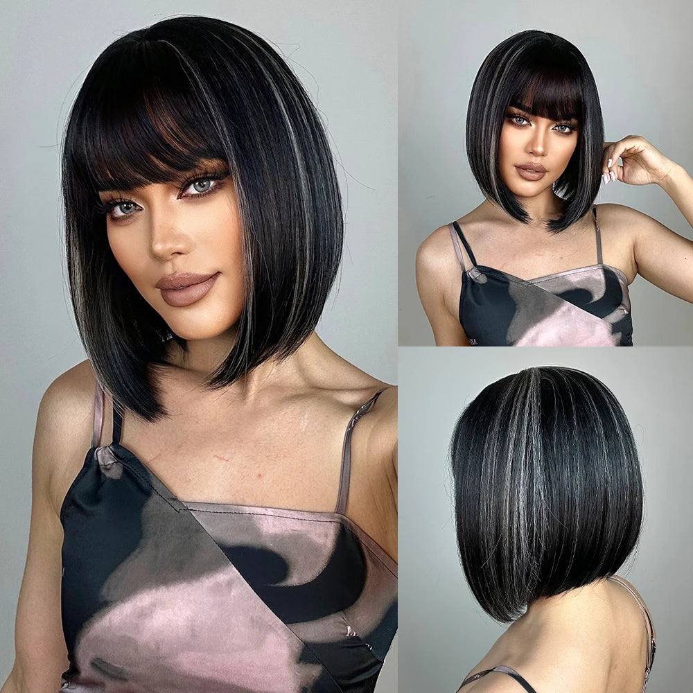 Short Ombre Blonde to Brown Straight Synthetic Wigs with Bangs Cosplay Party Women Bob Hair Wig Natural Heat Resistant Fibre