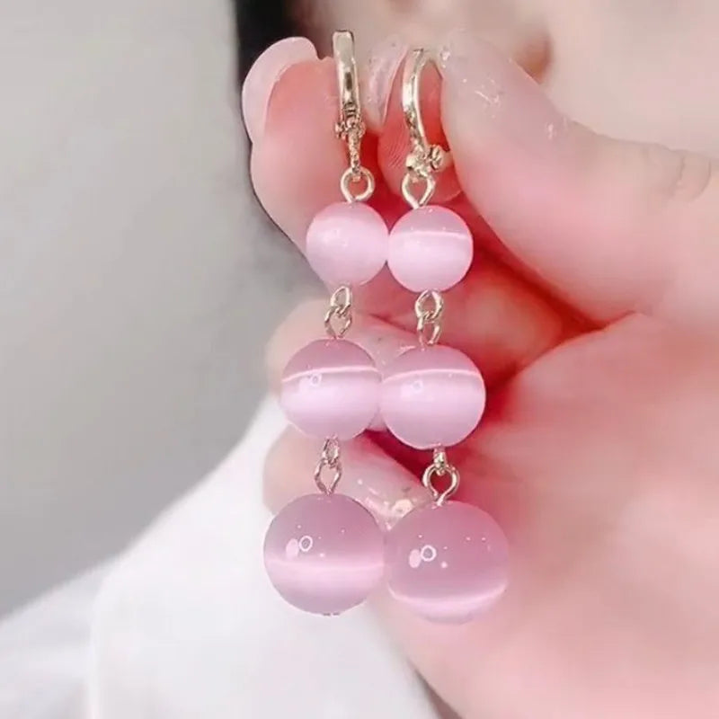 2023 Korean Cute Opal Ball Pink Green Long Hoop Earrings For Women Girls Fashion Metal Circle Boucle d'oreille Exquisite Jewelry