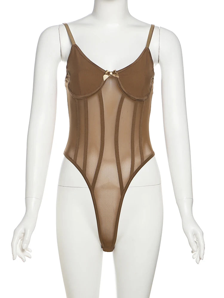 Sisterlinda Sexy See-Through Bodysuit for Women with Bow, Sleeveless, Low Neck, Backless, Midnight Street Clubwear, Stretch Skinny Trend Vest