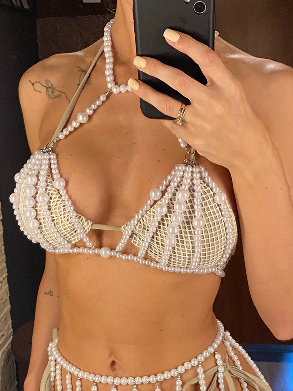 Luxury Pearls Halter See Through Bikini Top Female Swimsuit Women Swimwear Bather Bathing Suit Swim Hollow Out Beach Top V5407