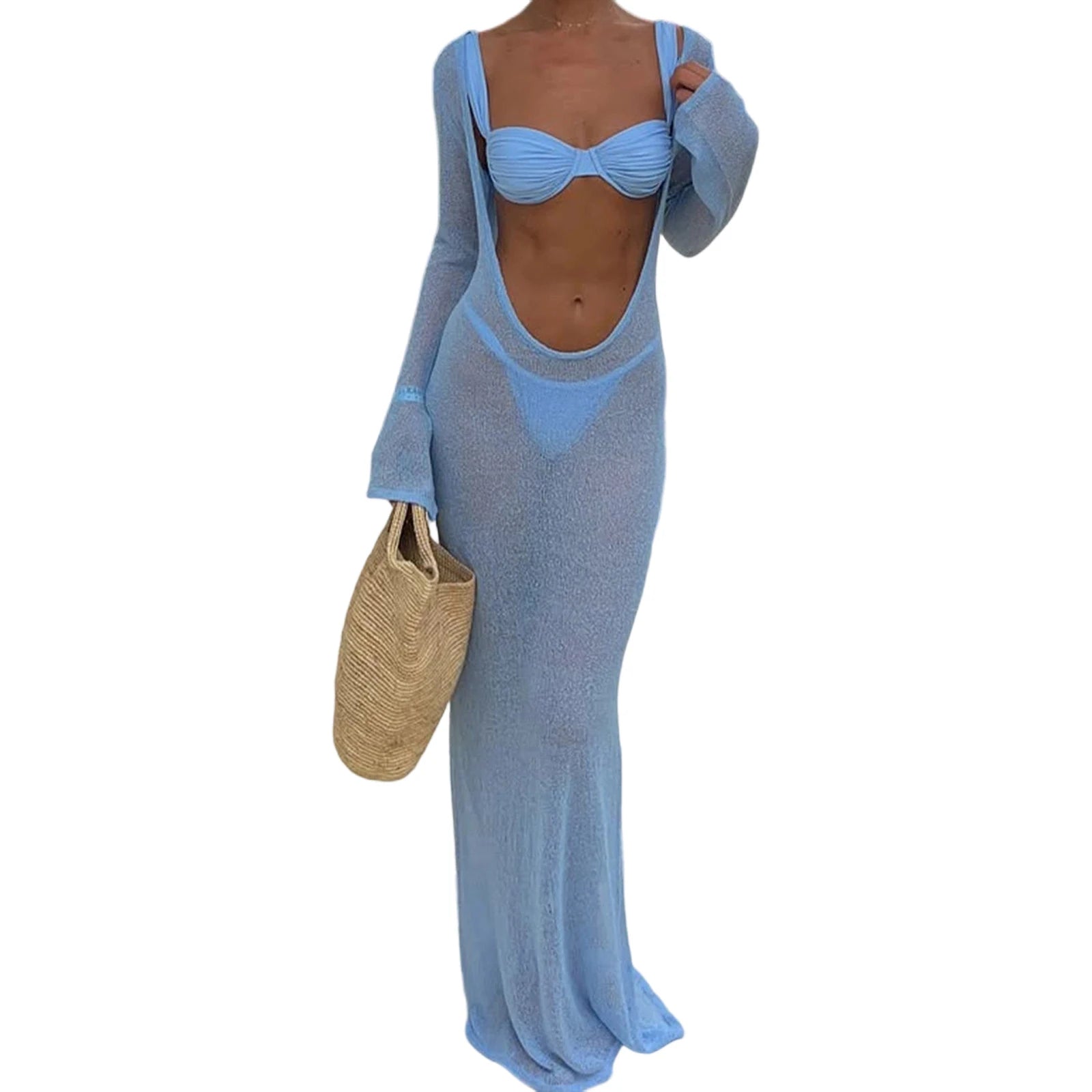 Women Vintage Summer Beach Cover Up Solid See-Through Long Sleeve Swimsuit Coverup Bathing Suit Cover Ups Bodycon Long Dresses