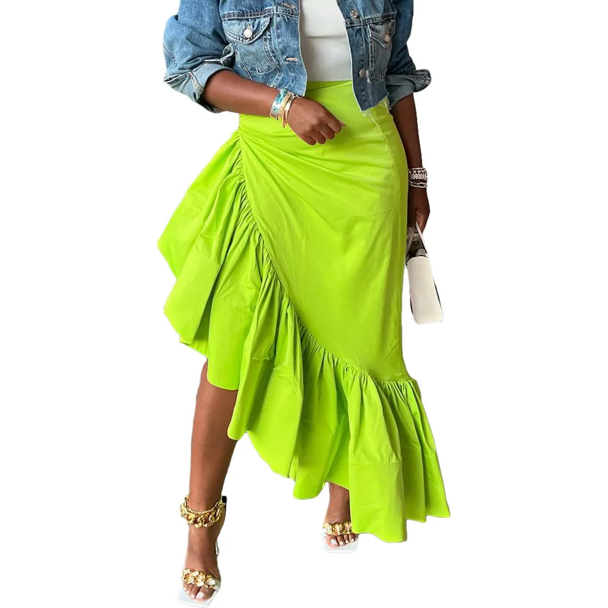 Sexy Solid Color Asymmetric Hem Skirt for Women Club Night Outings Polyester Fiber Ruffled Half-length Skirt Fashionable