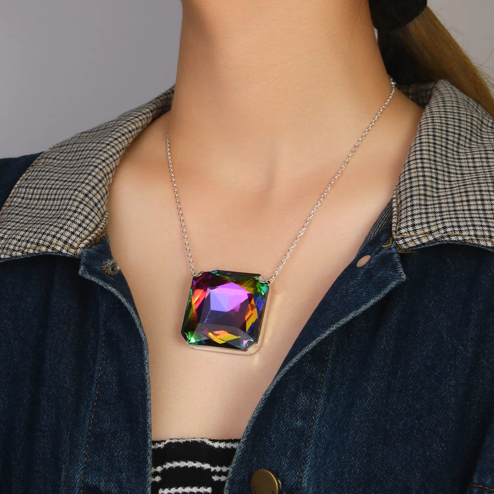 Colorful Oversize Square Necklace Chain Crystal Choker for Women 2024 Trendy Large Geometric Pendant Necklace Statement Jewelry