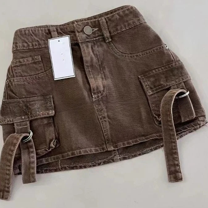 Vintage Multi-pocket Goth Skirt for Women Clothing Street Fashion Harajuku Y2k Skirt Jean Casual Summer Denim Black Skirt