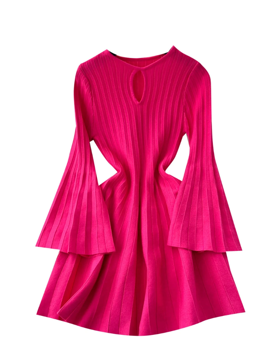 Ele Knitted Dr Hollow Out Round Neck Bell Sleeve A-Line Sweater Dress High Waist Slimming Midi Dress Autumn Fashion