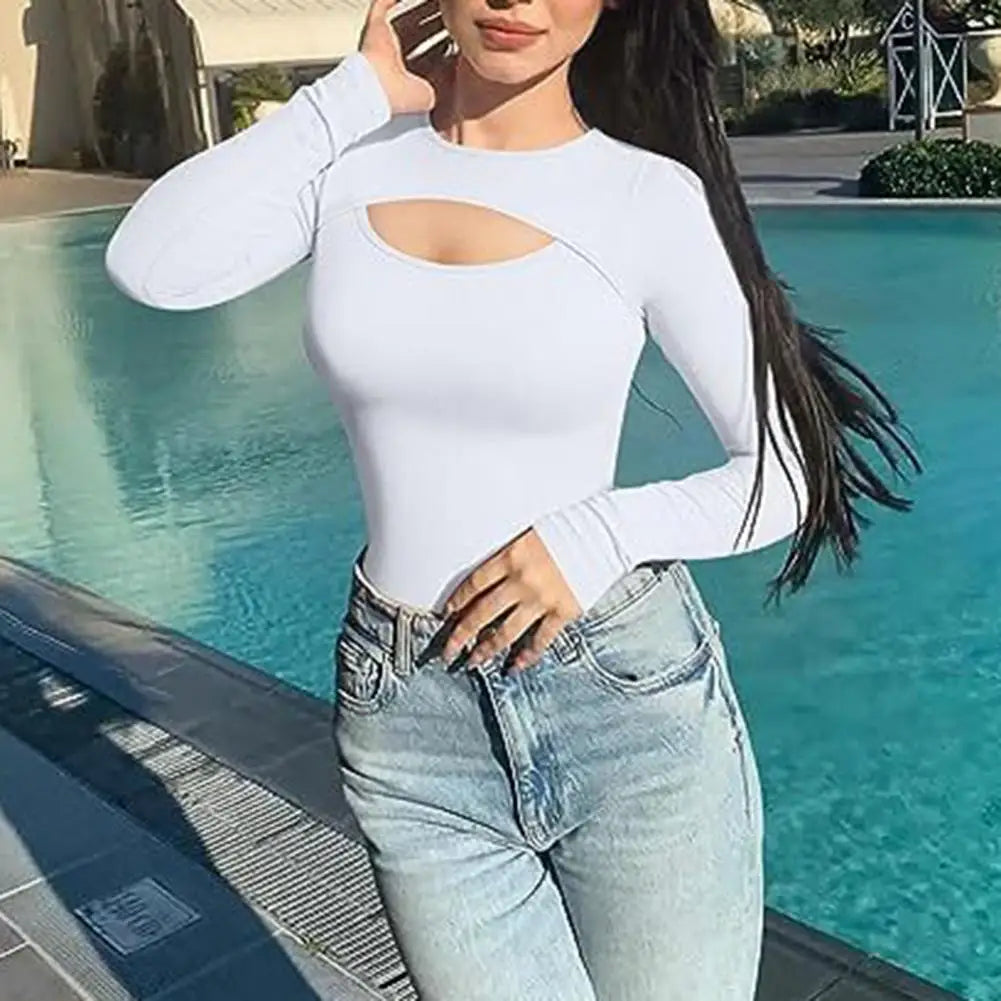 Sexy Long Sleeve O Neck Casual Bodysuit Women Body Tops White Black Nude Red Party Hollow out Bodycon Romper Bodysuit Jumper