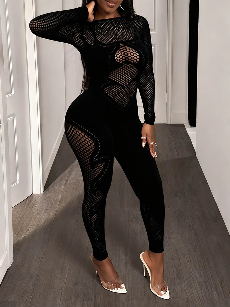 FHSEER Women's Sexy Jumpsuit Sheer Mesh Long Sleeve Hollow Out Bodycon High-Waist Stretchy Club Party Date Night Out Outfit