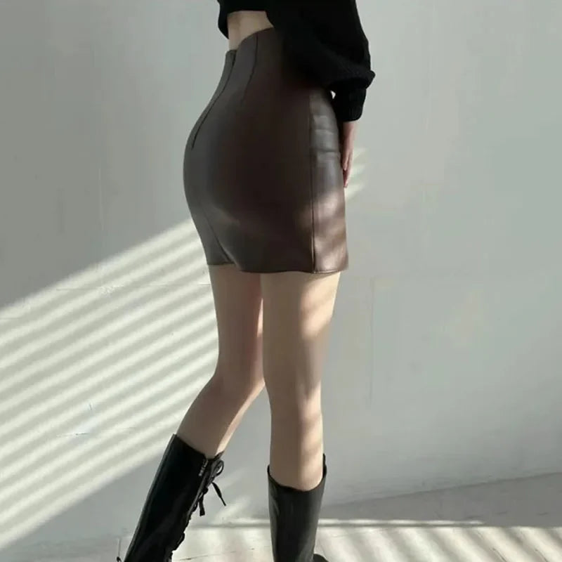 Smvp Black PU Leather Mini Skirt Women Sexy Skinny High Waist Side Split Hip Skirts Autumn New Korean Office Lady Short Skirt