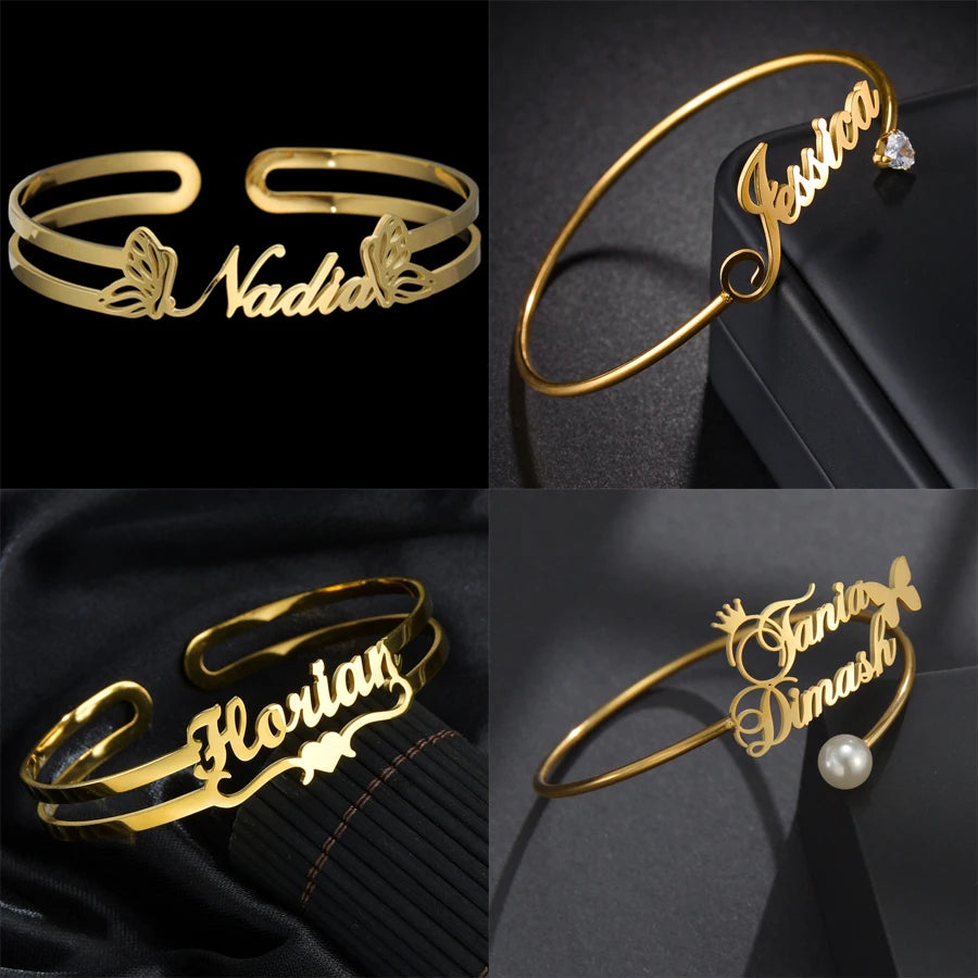Acheerup Personalized Name Open Size Bangle for Women Men Stainless Steel Custom Butterfly Heart Bracelet Couple Jewelry Gift