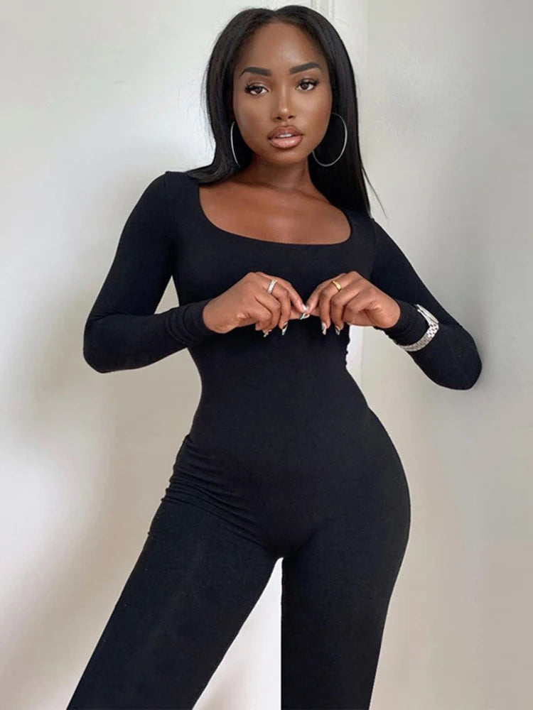 Hugcitar 2025 Square Collar Solid Long Sleeve Stretchy Bodycon Jumpsuits Winter Women Fashion Romper Streetwear Sport Wholesale