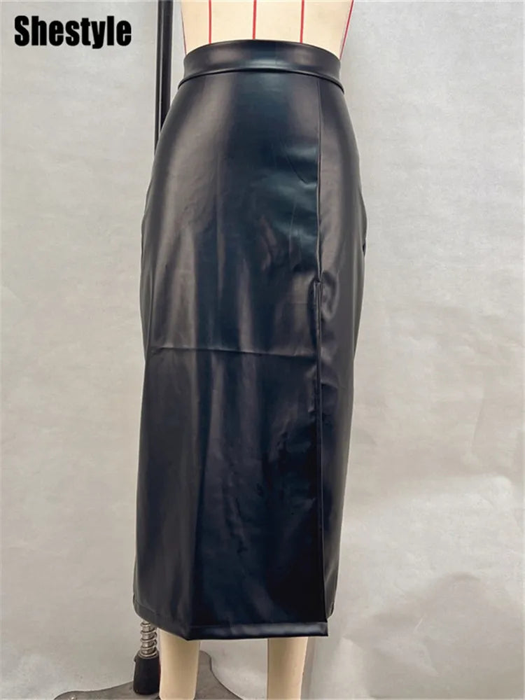 Shestyle High Slit PU Leather Office Lady High Waist Zipper Fly Long Elegant Straight Solid Sexy 2025 Women Bottom Clothing