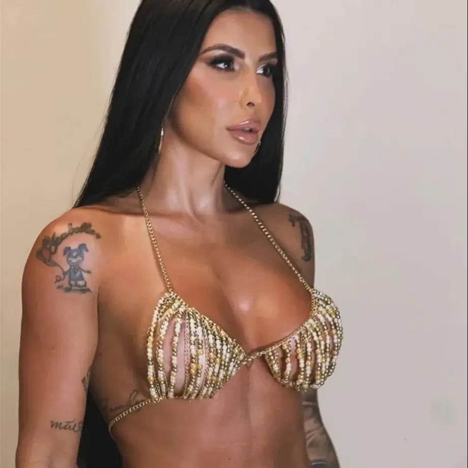New Punk-Style Pearl Halter Top With Adjustable Bra Chain Layered Top. Niche Design Y2k Millennial Hot Girl Beaded Body Chain