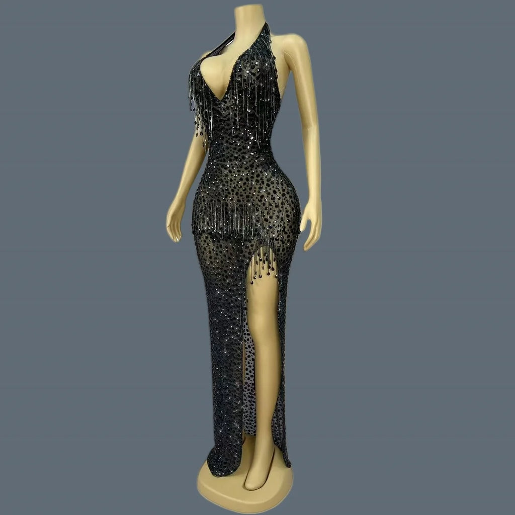 Sexy Black Mesh Evening Dress Sparkling Rhinestone Tassel High Slit Gown Deep V-neck Halter Neck Tight Long Dress wulongweibo