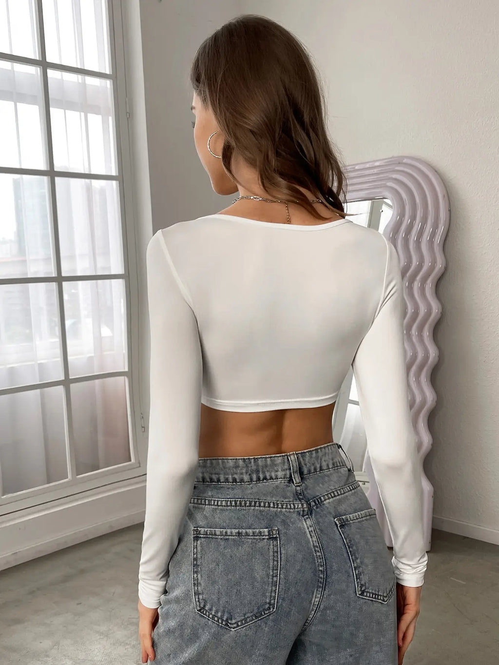 Sexy women's fashion Square Neck Cropped T-shirt, New Casual Long Sleeve Solid T-shirt, Women's Clothing Tops