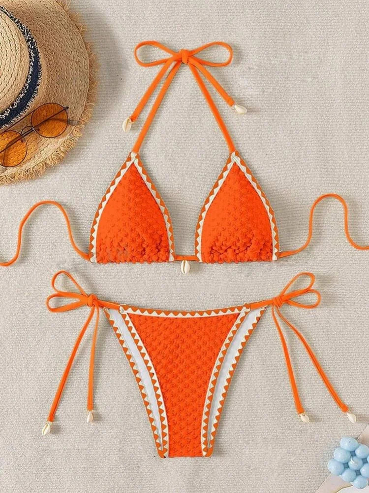 Sexy White Contrast Bikini Sets 2025 Women Shell Ornament Push Up Tie Side Thong Swimsuit Summer Bathing Suit Micro Swimwear