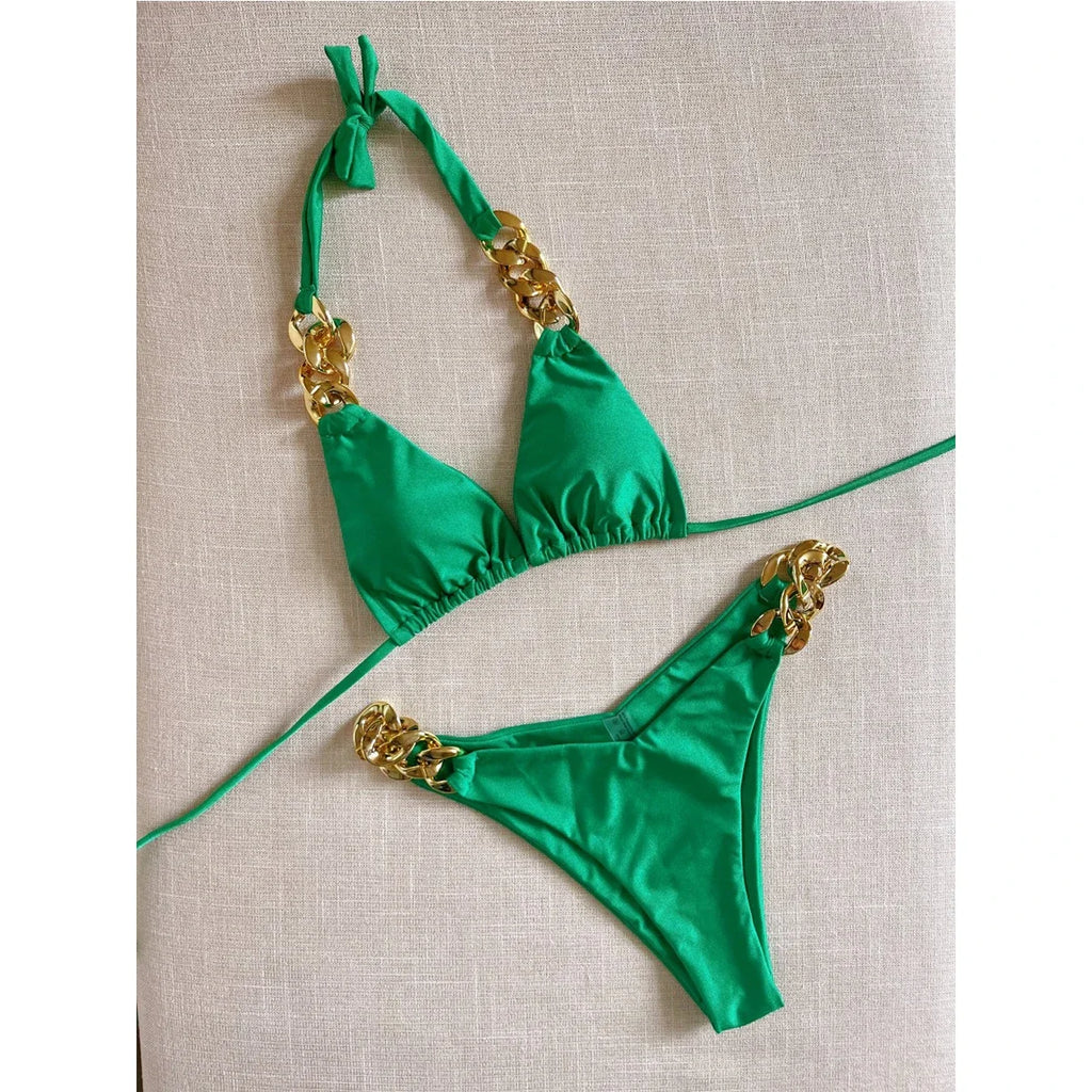 2025 Solid Color Swimsuit Women Two Piece Chain Bikini Sexy V-neck Halter Lace-up Swimwear Low Waist Thong Beach Bathing Suit