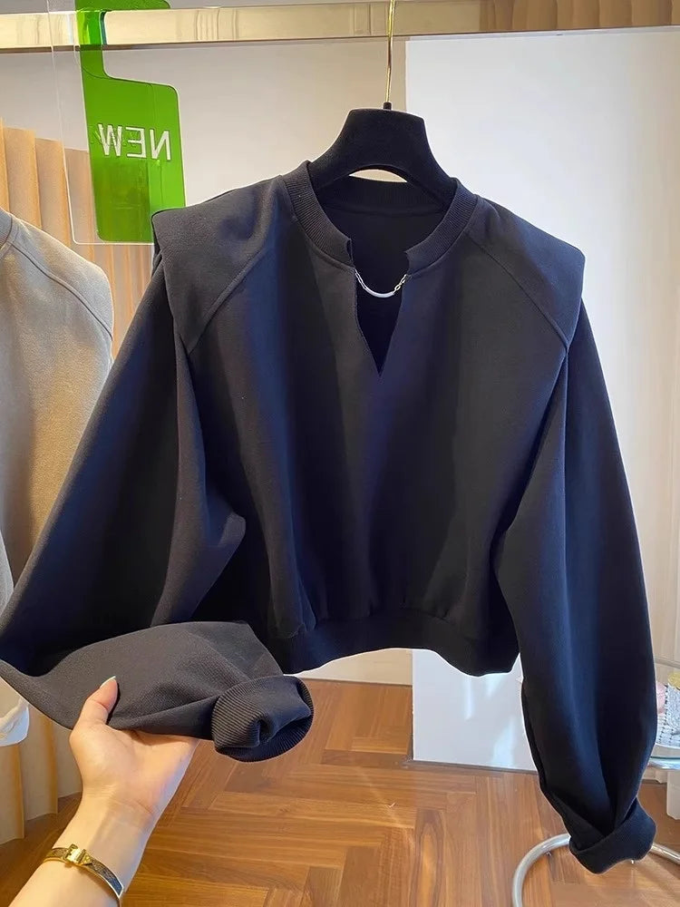 Plus Size 300 Pou Design Sense Casual V-Neck Sweatshirt Women Early Autumn Loose Shoulder Pad Top Streetwear