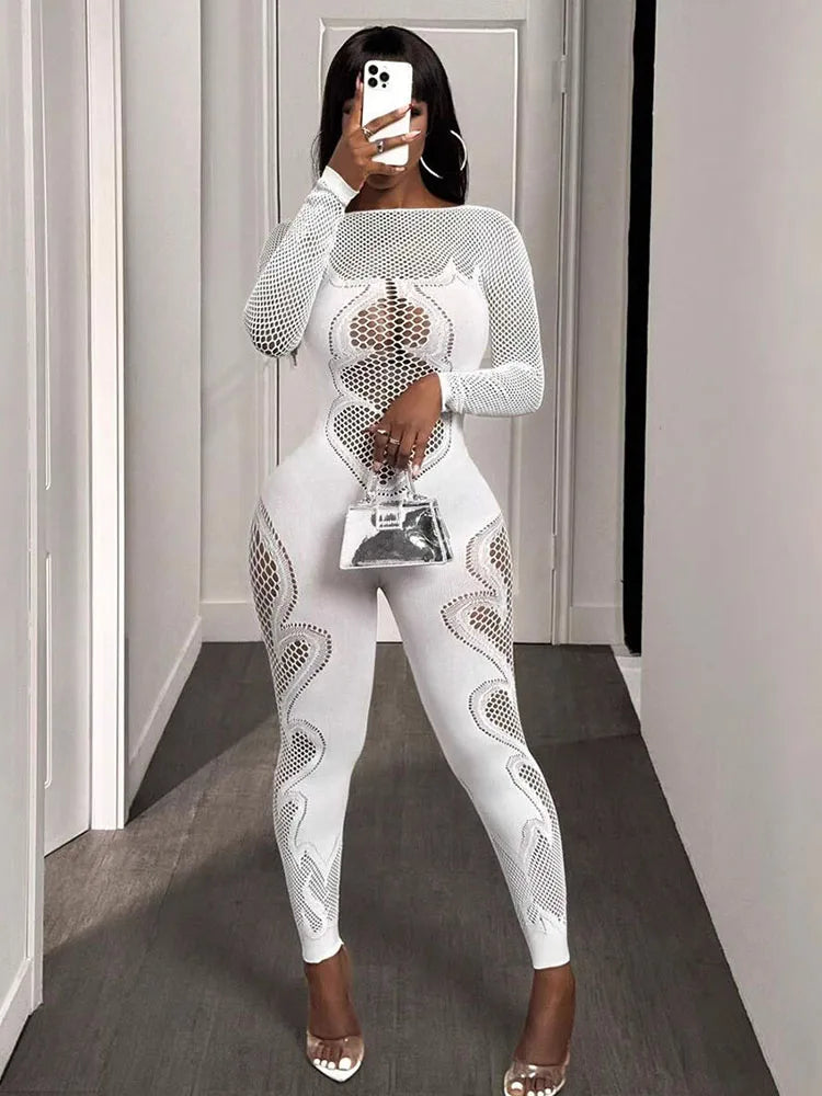 Weird Puss hollow jumpsuit women stretch skinny full sleeve solid fall hipster sexy midnight coquette activity workout overalls