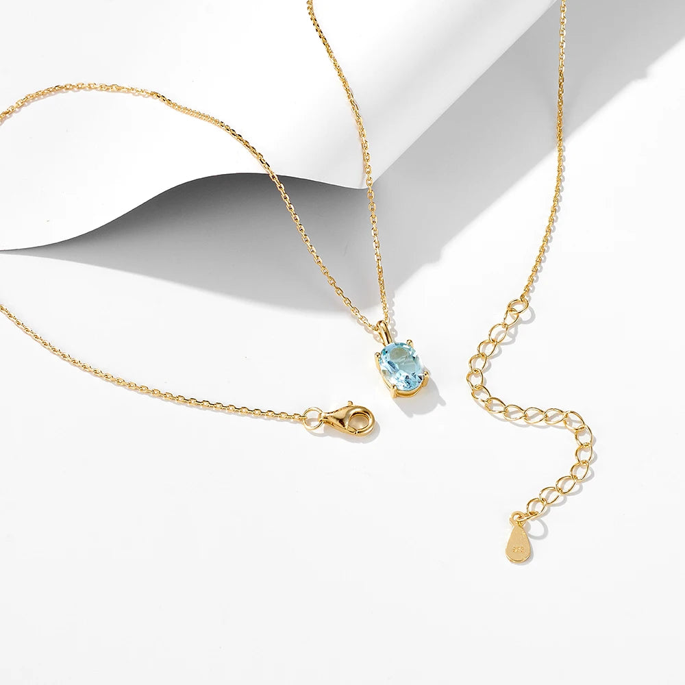925 Sterling Silver Necklace Topaz Blue Crystal Heal Stone Oval Cut Pendant Necklaces
