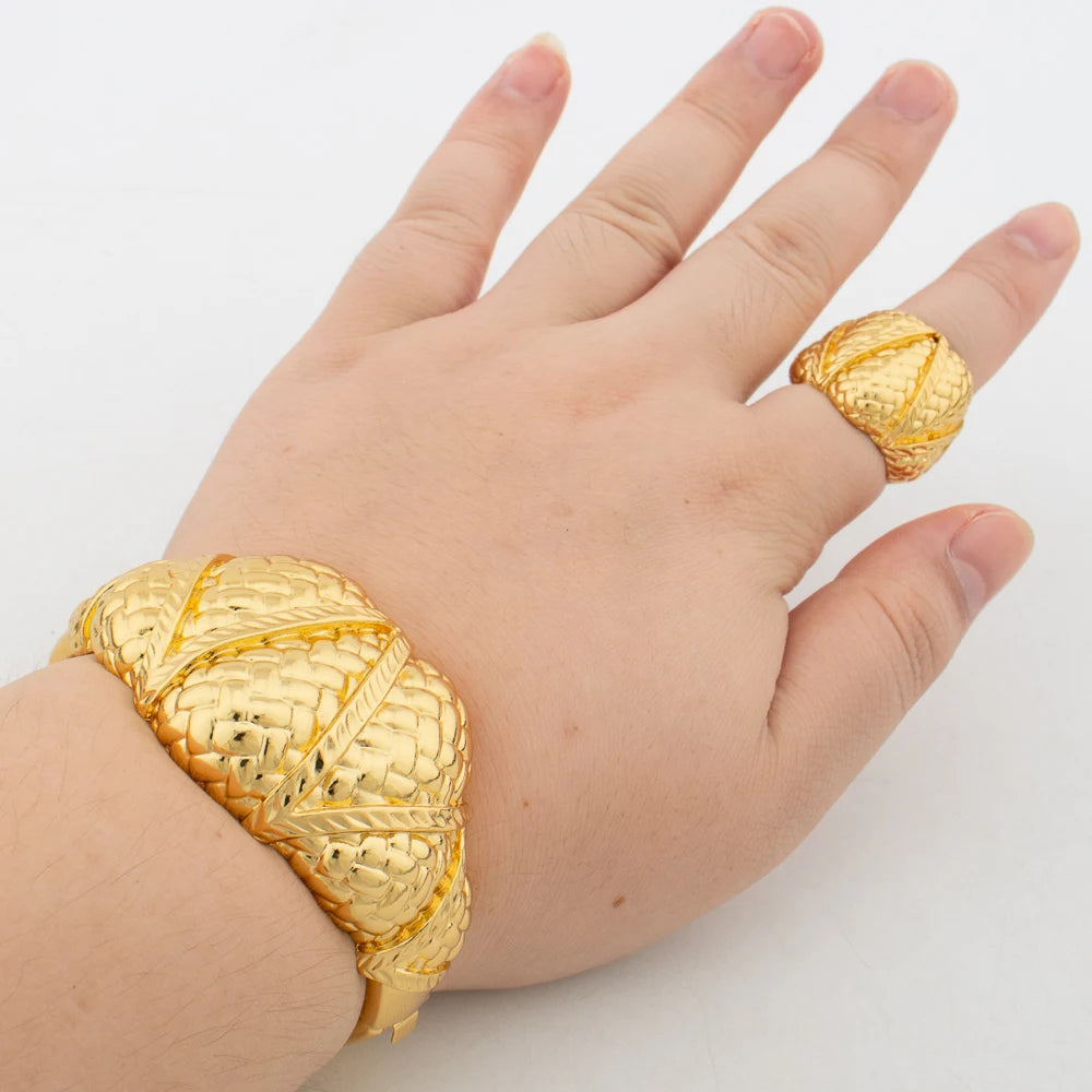 Dubai Bracelet Ring Set for Women, Luxury Gold Color Cuff Bangles, Female Luxury Jewelry Sets, Jewellery Accessory