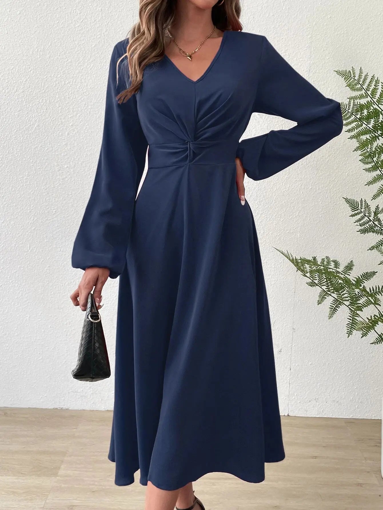 Evening Dresses with V Neck Lantern Long Sleeve Twisted edge Knot Detail at Waist Midi Dress Woman 2025 New Arrival