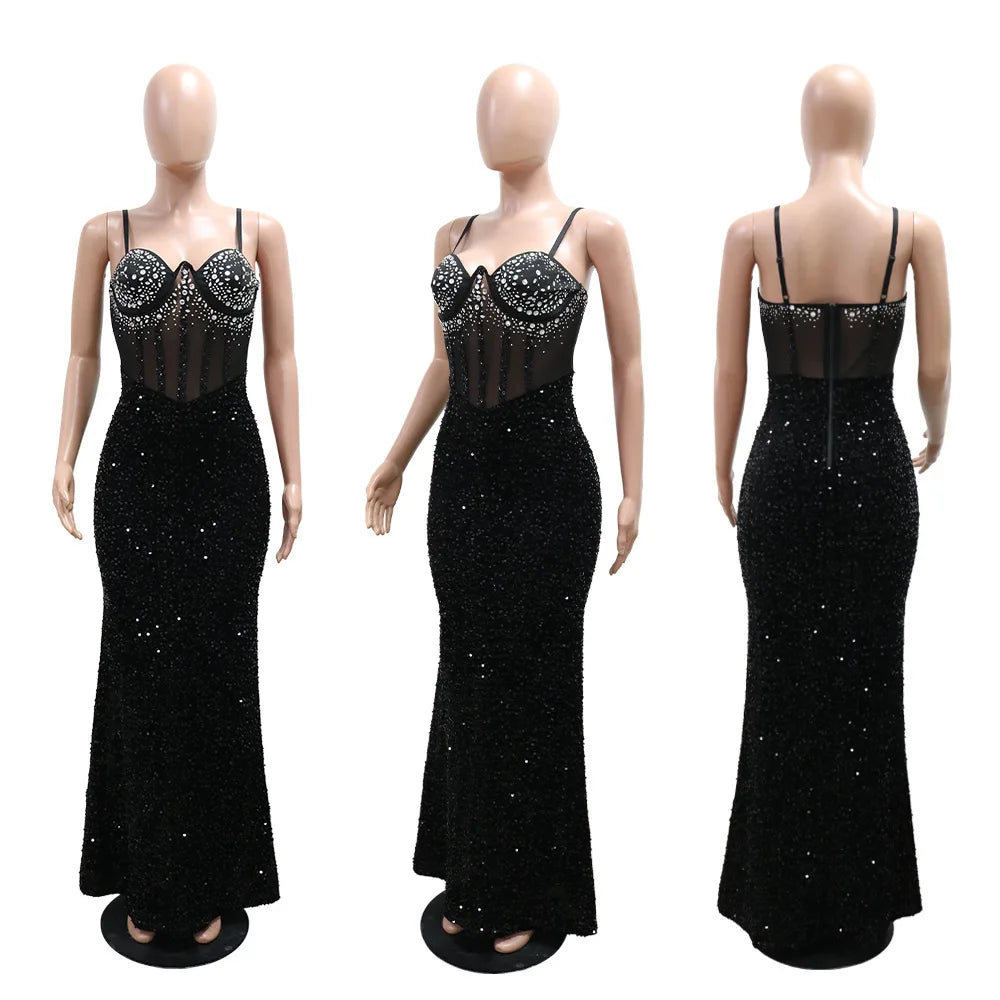 Long Dresses With Sleeves Strapless Sequin Womens Dresses See-through Elegant Party Evening Dress Birthday Prom Maxi Dress XSY22