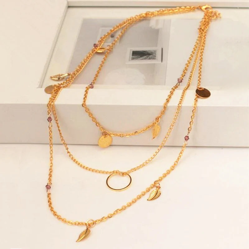Hot Fashion Gold Color Chain Leaves Multi Layer Choker Necklace Geometric Round Necklace For Women Collier Femme Jewelry Gift