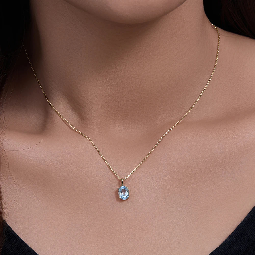 925 Sterling Silver Necklace Topaz Blue Crystal Heal Stone Oval Cut Pendant Necklaces