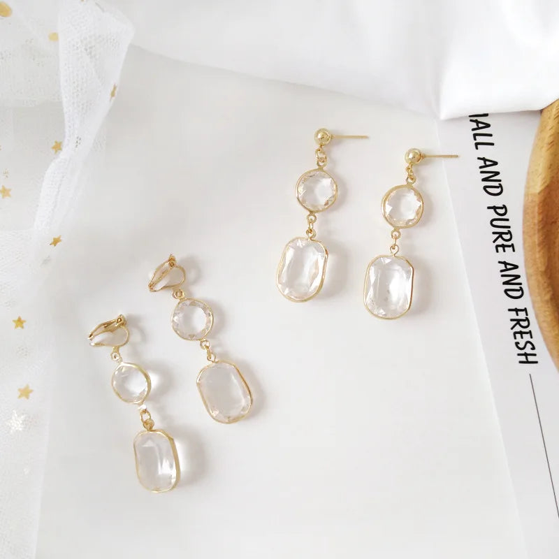 French Women Elegant Transparent Round and Square Crystals Resin Geometric Clip Earrings No pierced ear clip boucle d'oreille