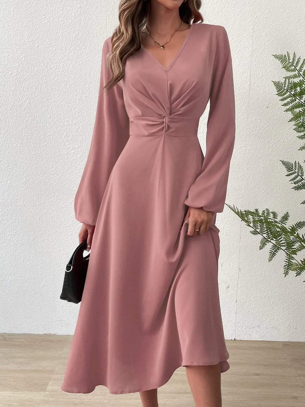 Evening Dresses with V Neck Lantern Long Sleeve Twisted edge Knot Detail at Waist Midi Dress Woman 2025 New Arrival