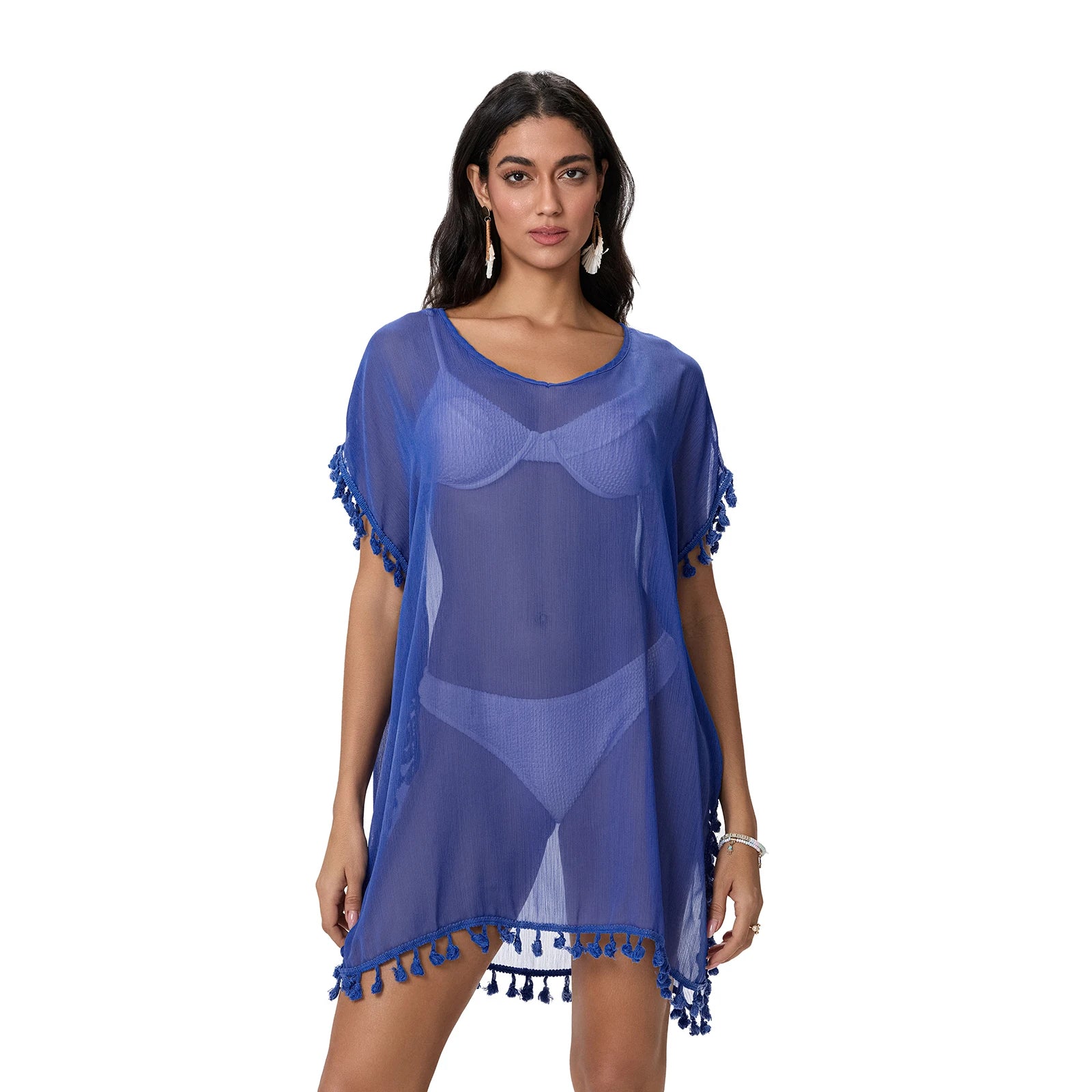 Tassel Trim Bikini Cover Up Beach Dress Women See-Through Beachwear Swimsuit Summer Mini Dress Cover-ups Sunscreen Dress
